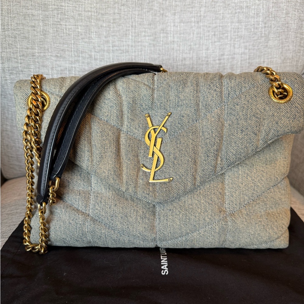 Yves Saint Laurent Lou Lou Puffer Denim Chevron Shoulder Bag